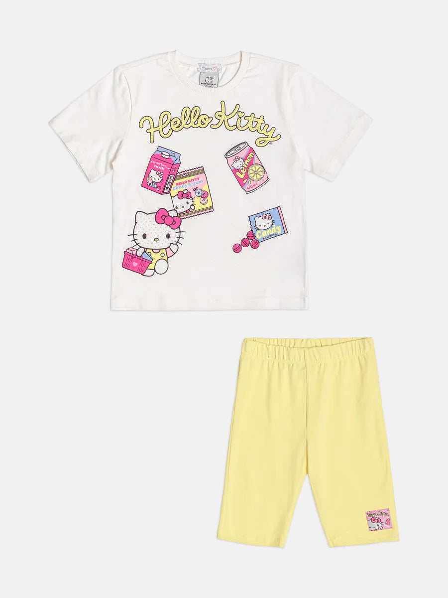 Conjunto Infantil Menina Momi Shorts Ciclista Amarelo e Blusa Hello Kitty Docinhos Strass