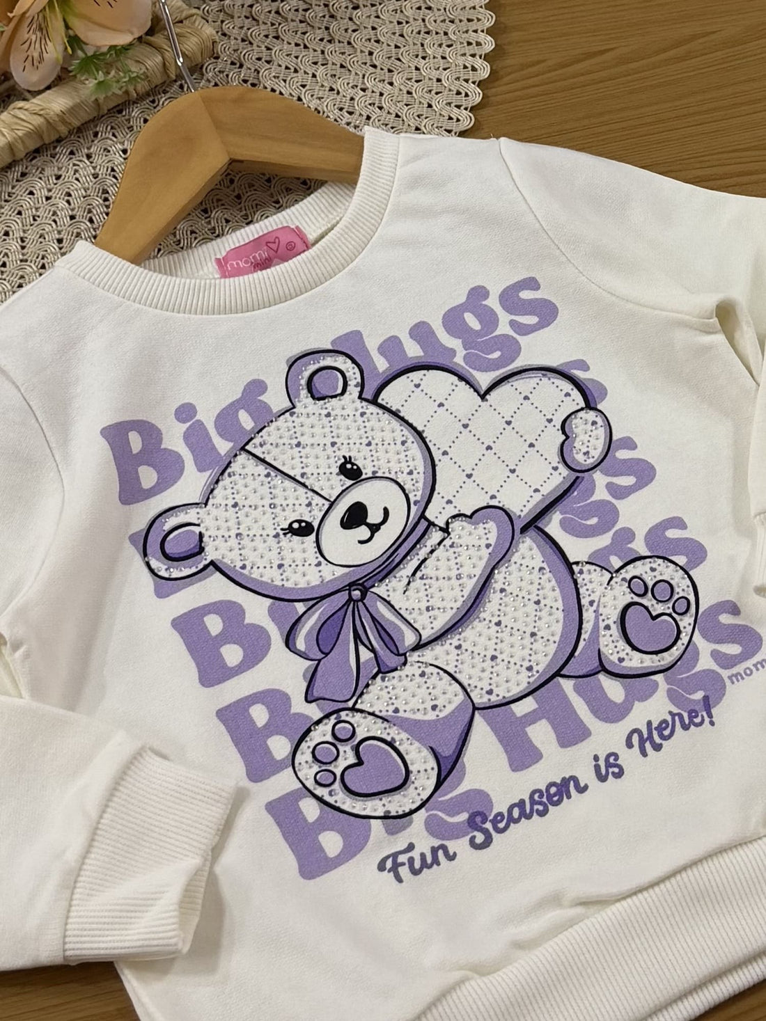 Conjunto Infantil Momi Inverno com Calça Lilás e Moletom sem Flanela Ursinha Coração