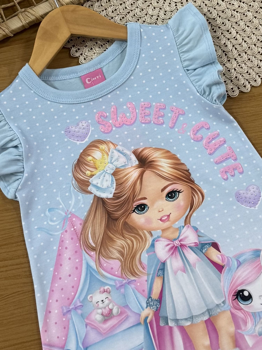 Camisola Infantil Cinti Verão Azul Menininha e Unicórnio Sweet Cute