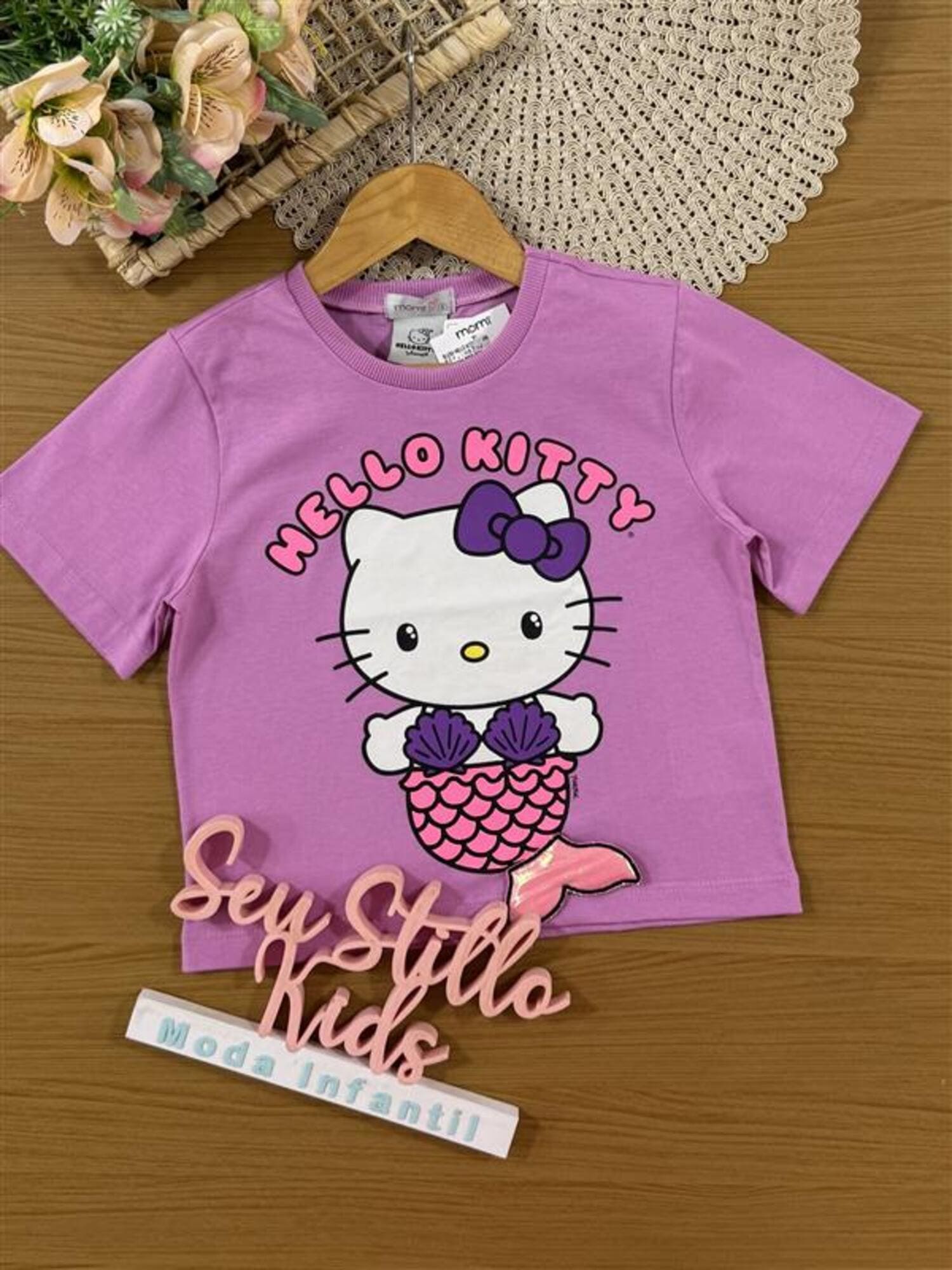 Blusa Infantil Momi Verão Roxa Hello Kitty Sereia