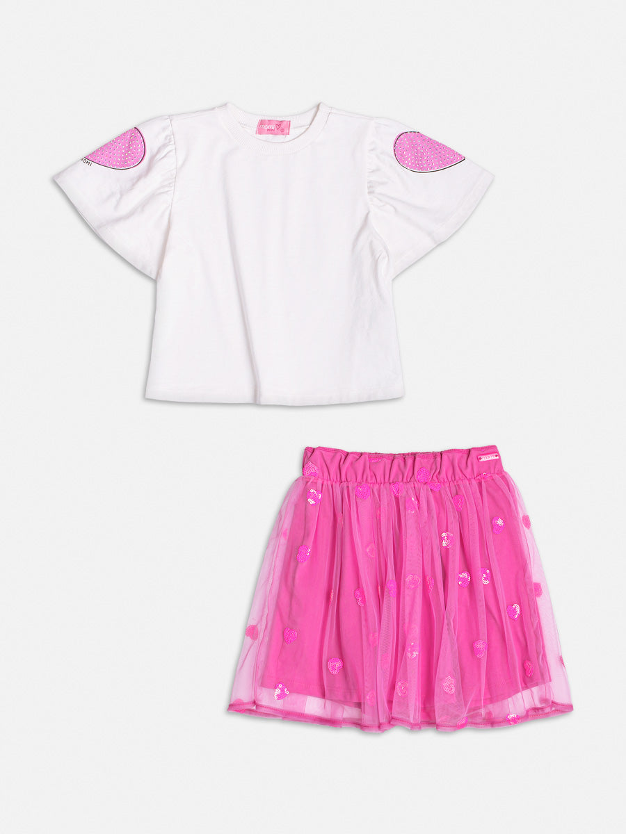 Conjunto Infantil Momi Verão Saia Rosa Tule e Blusa Coração