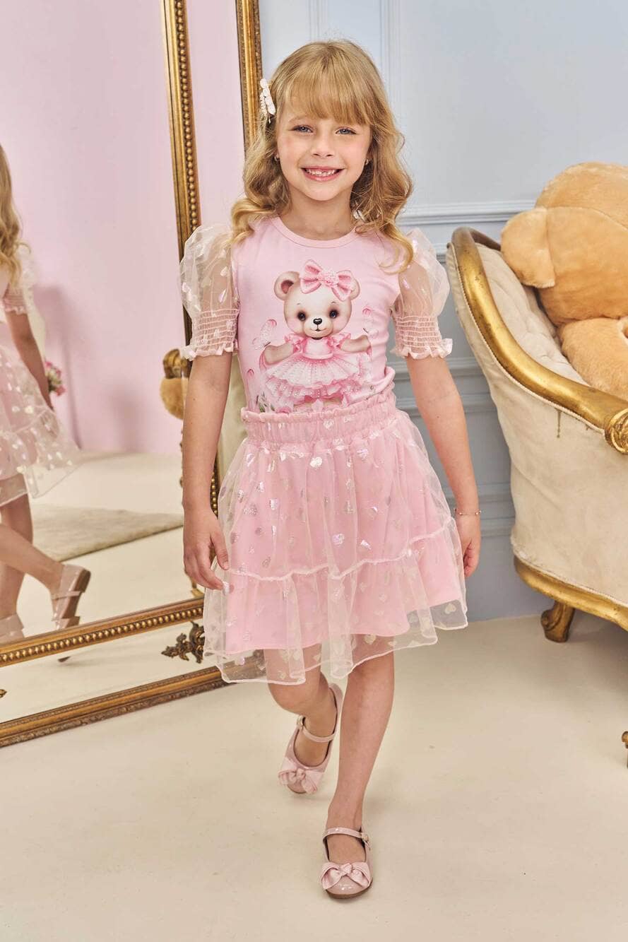 Conjunto Infantil Kukie Saia Tule e Blusa Rosa Ursinha Fofa