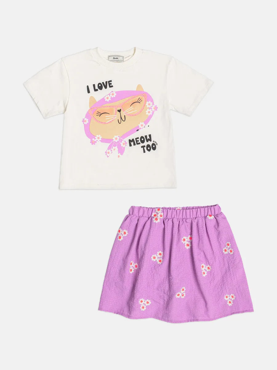 Conjunto Infantil Menina Bimbi Saia Roxa Florzinhas e Blusa Gatinha Strass