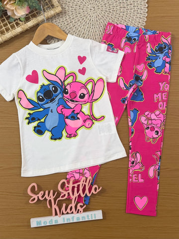 Conjunto Infantil Momo Inverno com Calça Legging Rosa e Blusa Manga Curta Stitch e Angel Love Disney