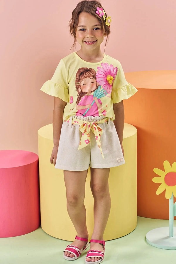 Conjunto Infantil Kukiê Verão com Shorts Off White e Blusa Amarela Menina Floral