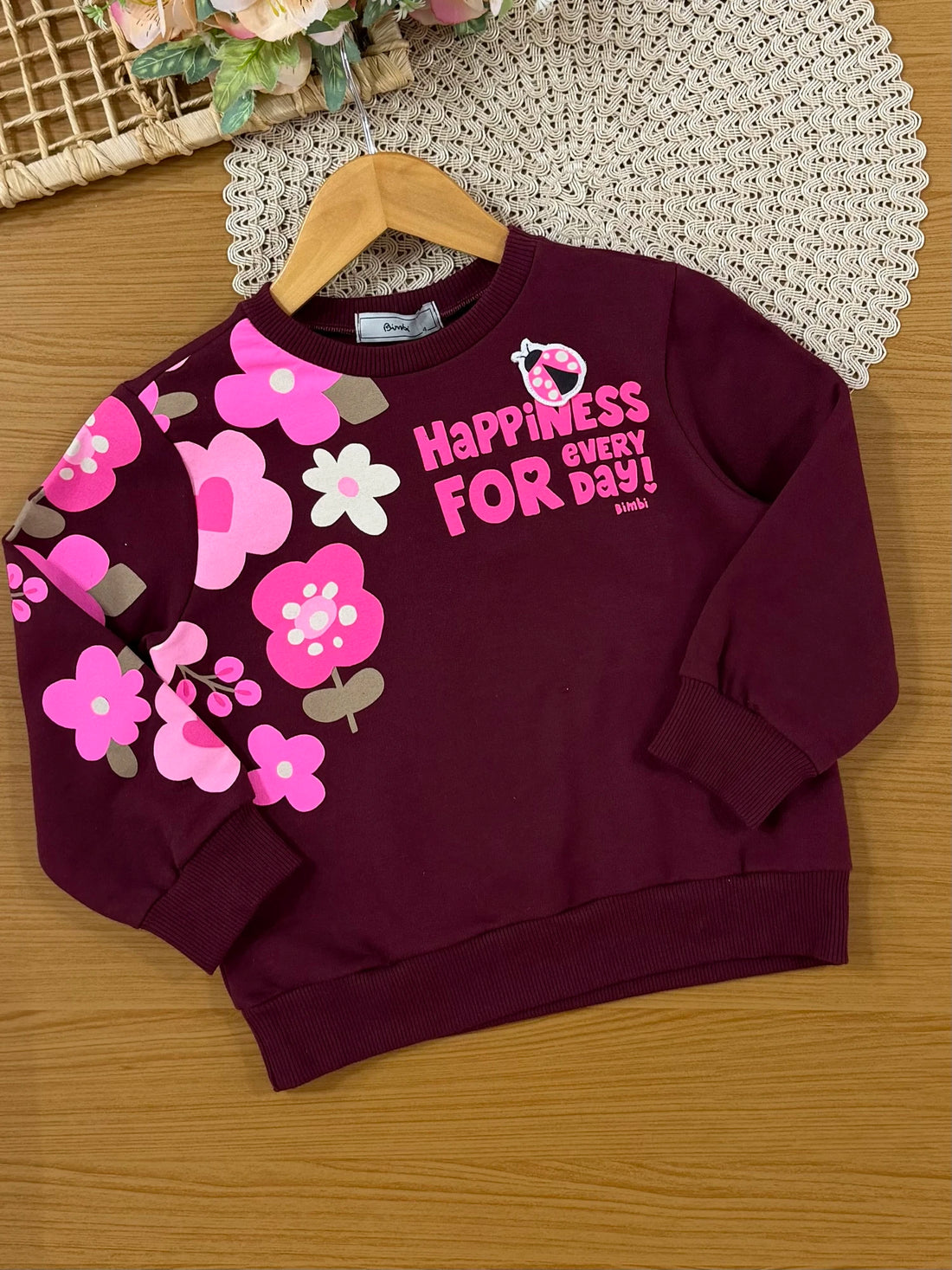 Conjunto Infantil Bimbi Inverno com Calça e Moletom Flanelado Vinho Happiness Flozinhas