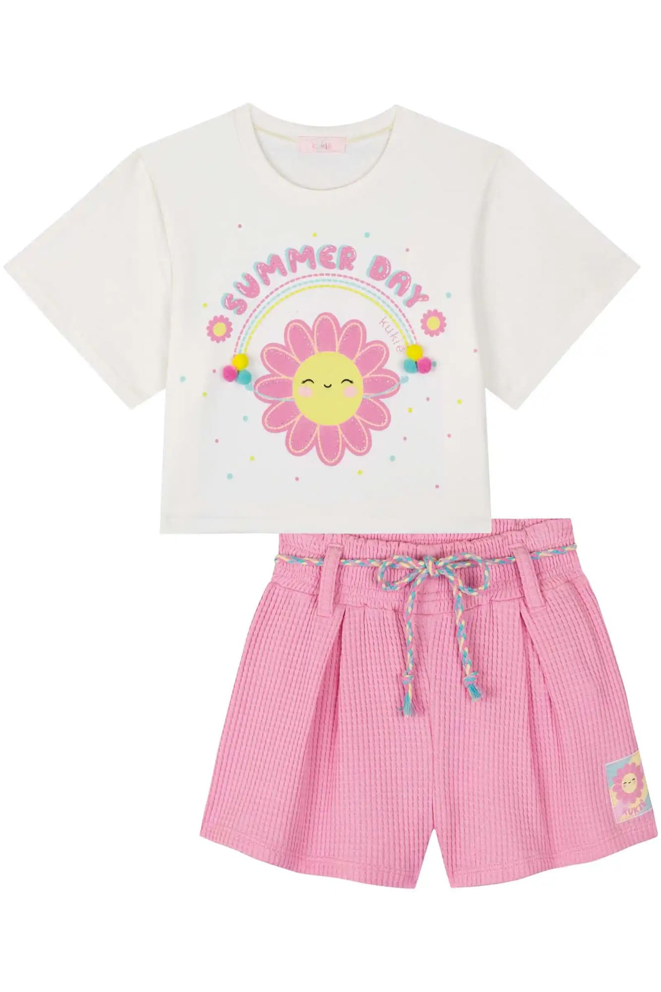 Conjunto Infantil Kukiê Verão com Shorts Rosa e Blusa Branca Florzinha Arco-irís