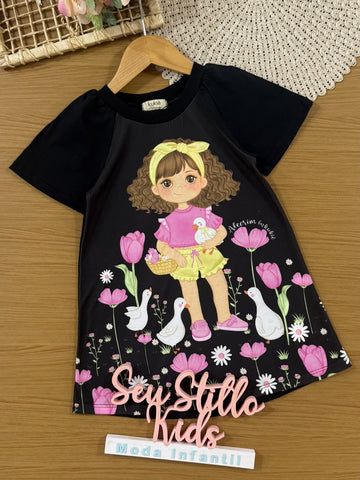 Vestido Infantil Kukiê Verão Preto Menina no Jardim