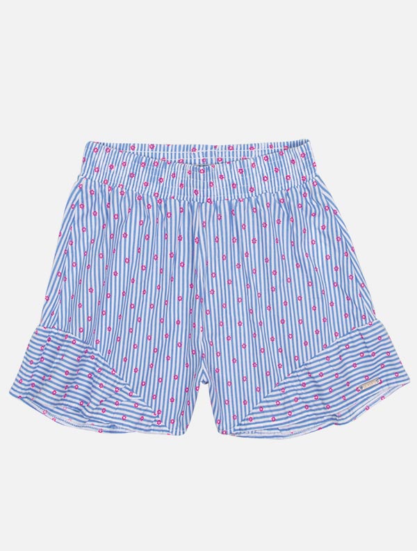 Conjunto Infantil Catavento Verão Shorts e Blusa Azul Listrada com Florzinhas