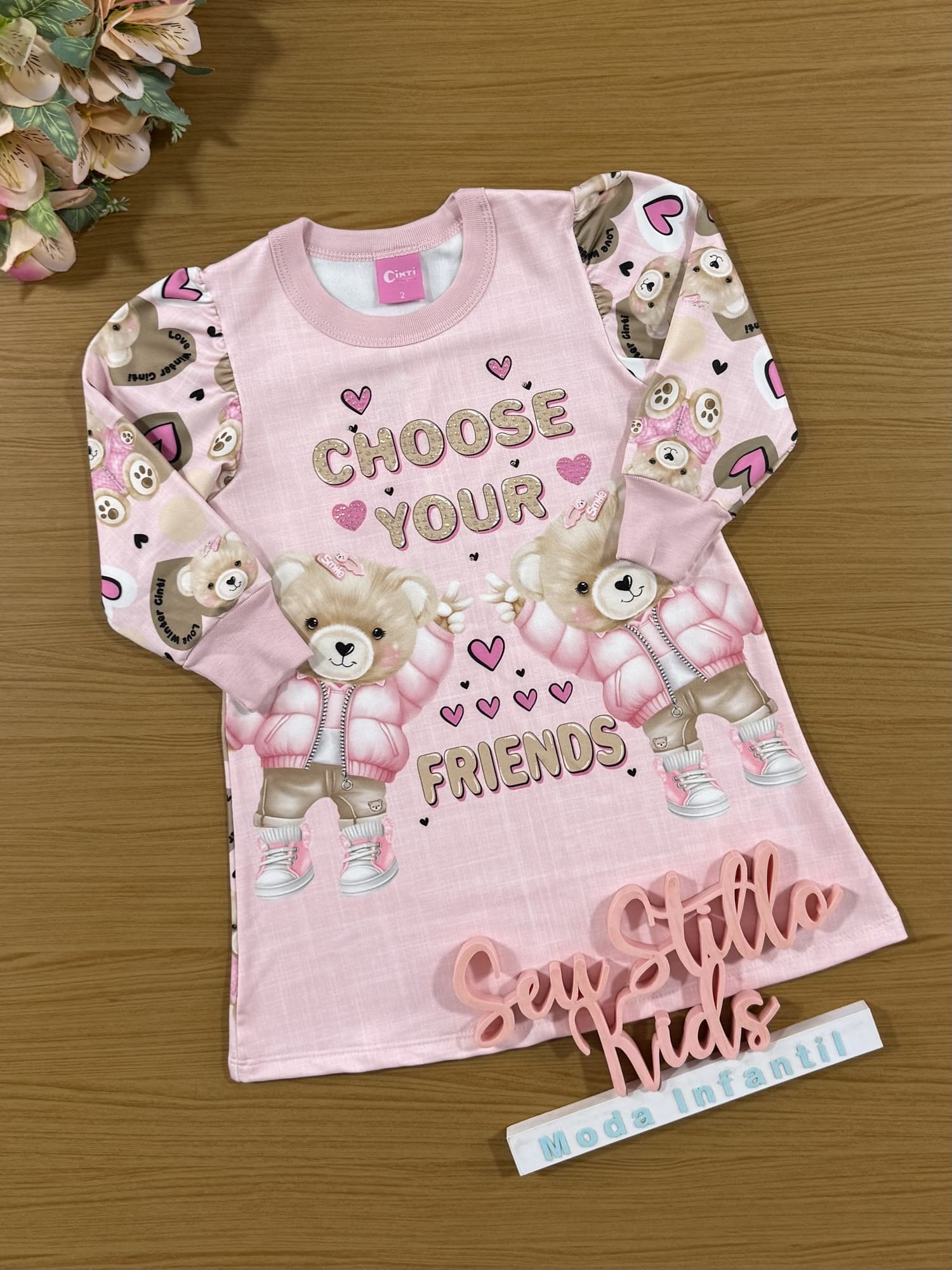 Vestido Infantil Cinti Inverno Rosa Ursinhos