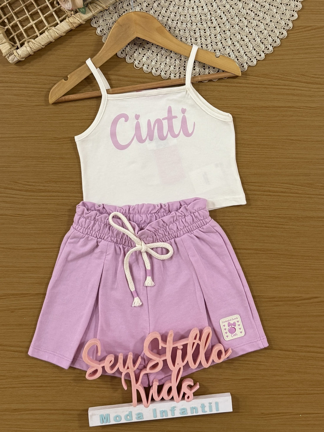 Conjunto Infantil Cinti Verão Shorts Lilás, Blusa e Kimono Docinhos