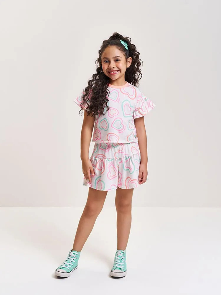 Conjunto Infantil Menina Cinti com Shorts e Blusa Off White Corações