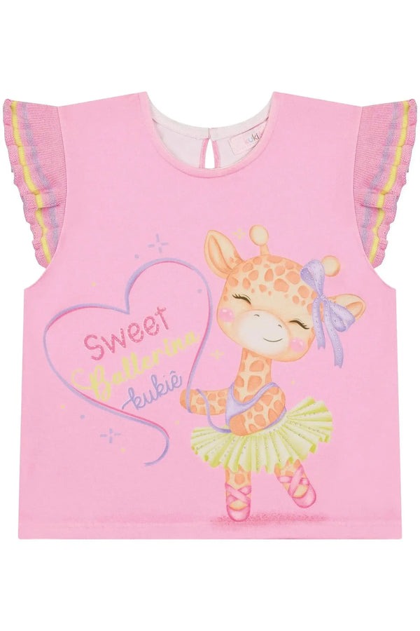 Blusa Infantil Kukiê Verão Rosa Girafinha Bailarina