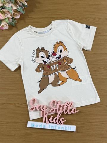 Blusa Infantil Momi Inverno Manga Curta Bege com Strass Tico Teco