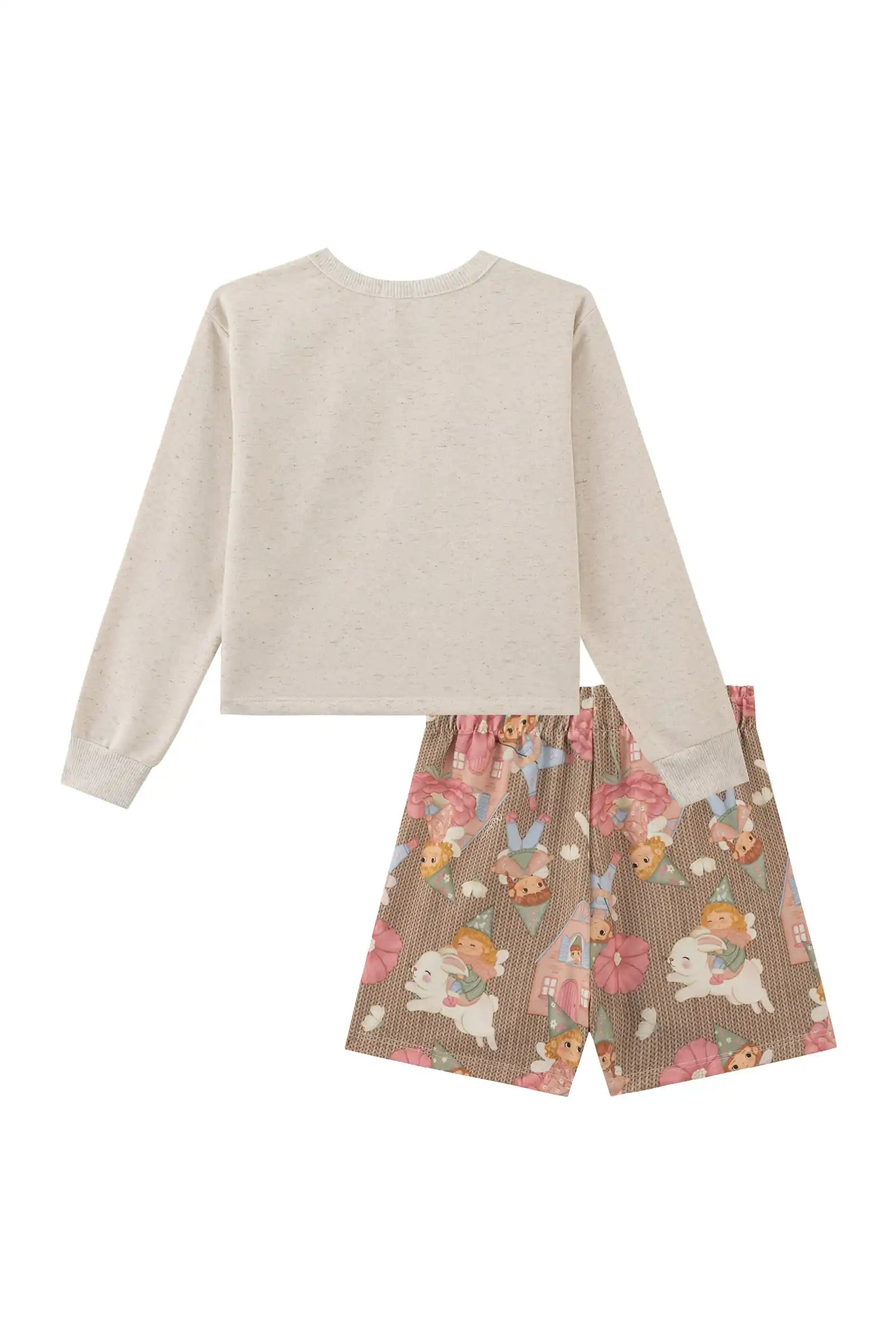 Conjunto Infantil Kukiê Inverno com Shorts Marrom e Moletom sem Flanela Fadinhas