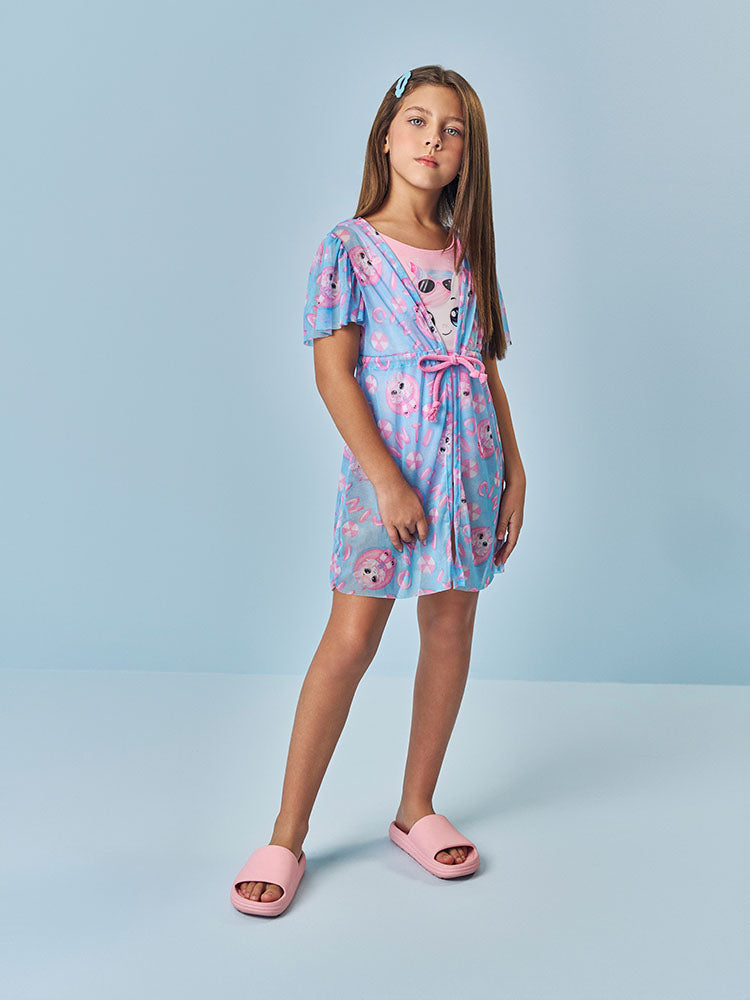Maiô Infantil Cinti Verão Rosa Unicórnio com Saida de Praia Azul