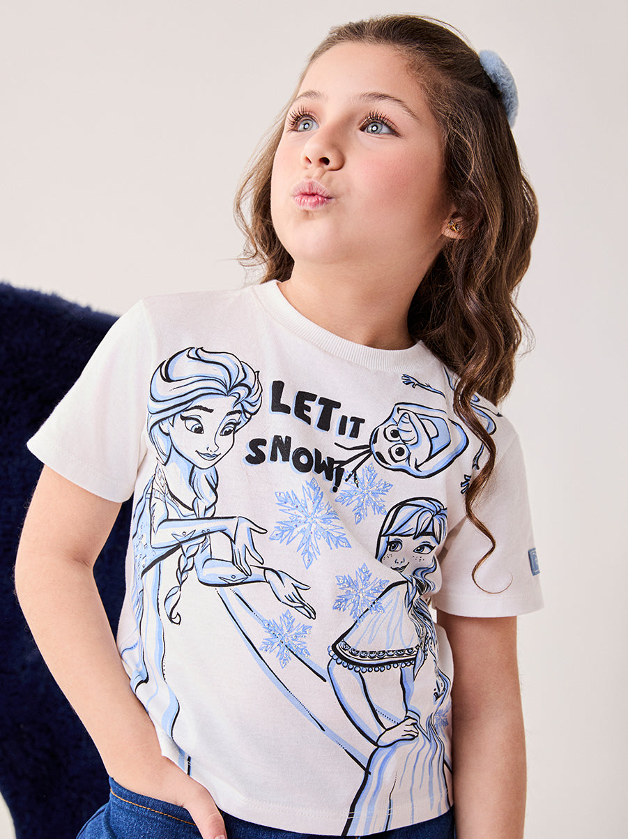Blusa Infantil Bimbi Inverno Manga Curta Branca Elsa e Anna Frozen Disney