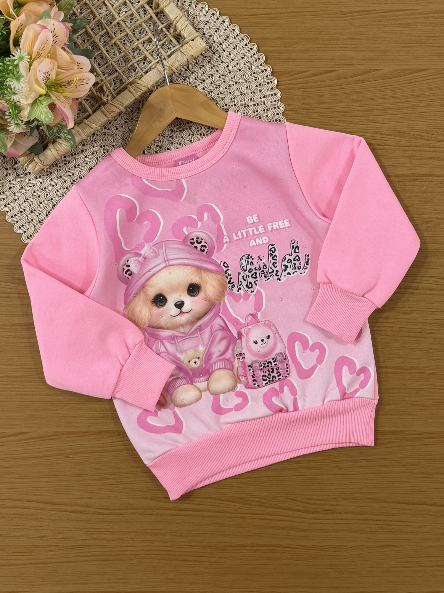 Conjunto Infantil Cinti Inverno com Calça e Moletom Flanelado Rosa Cachorrinha