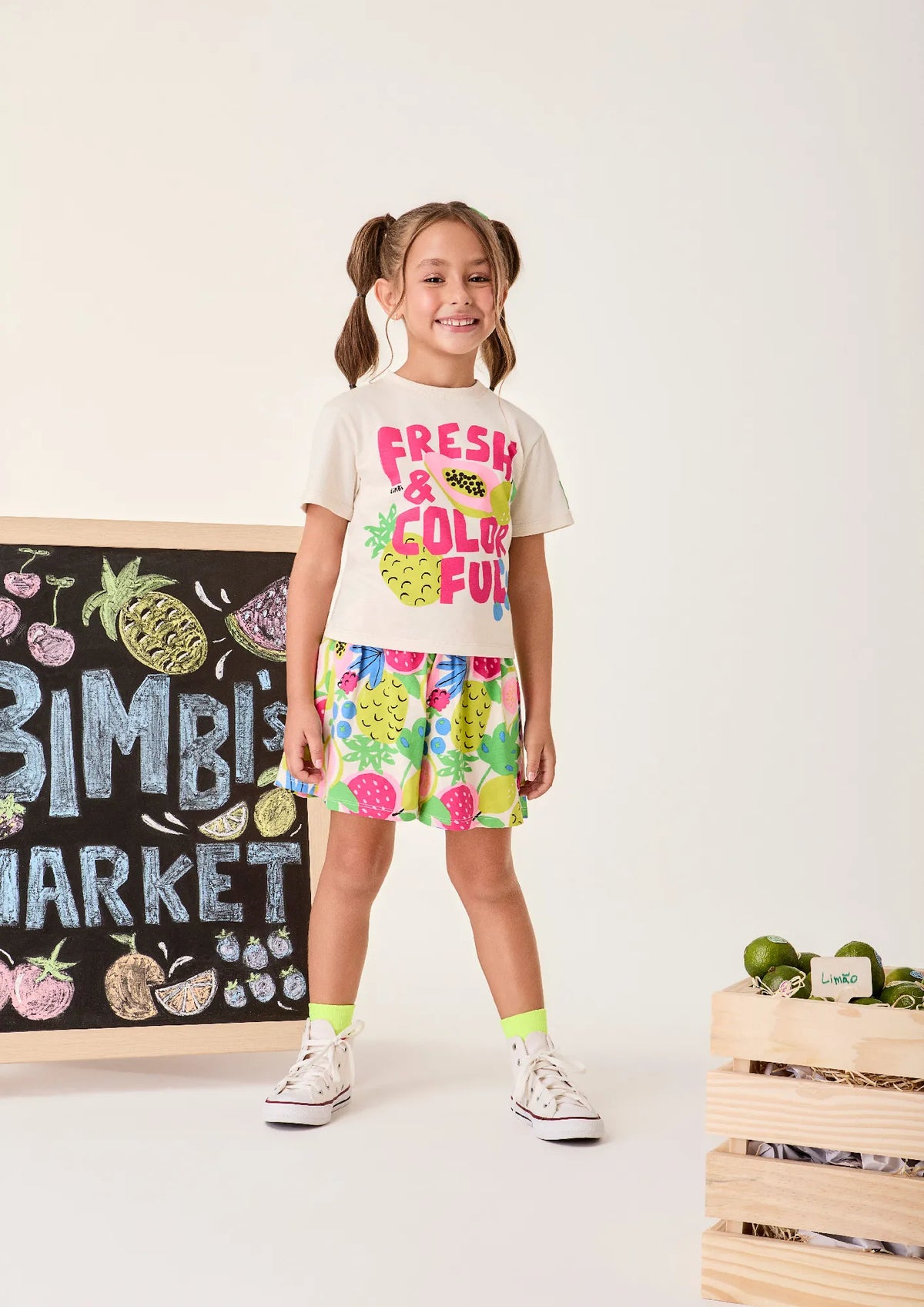 Conjunto Infantil Menina Bimbi Shorts e Blusa Bege Frutinhas