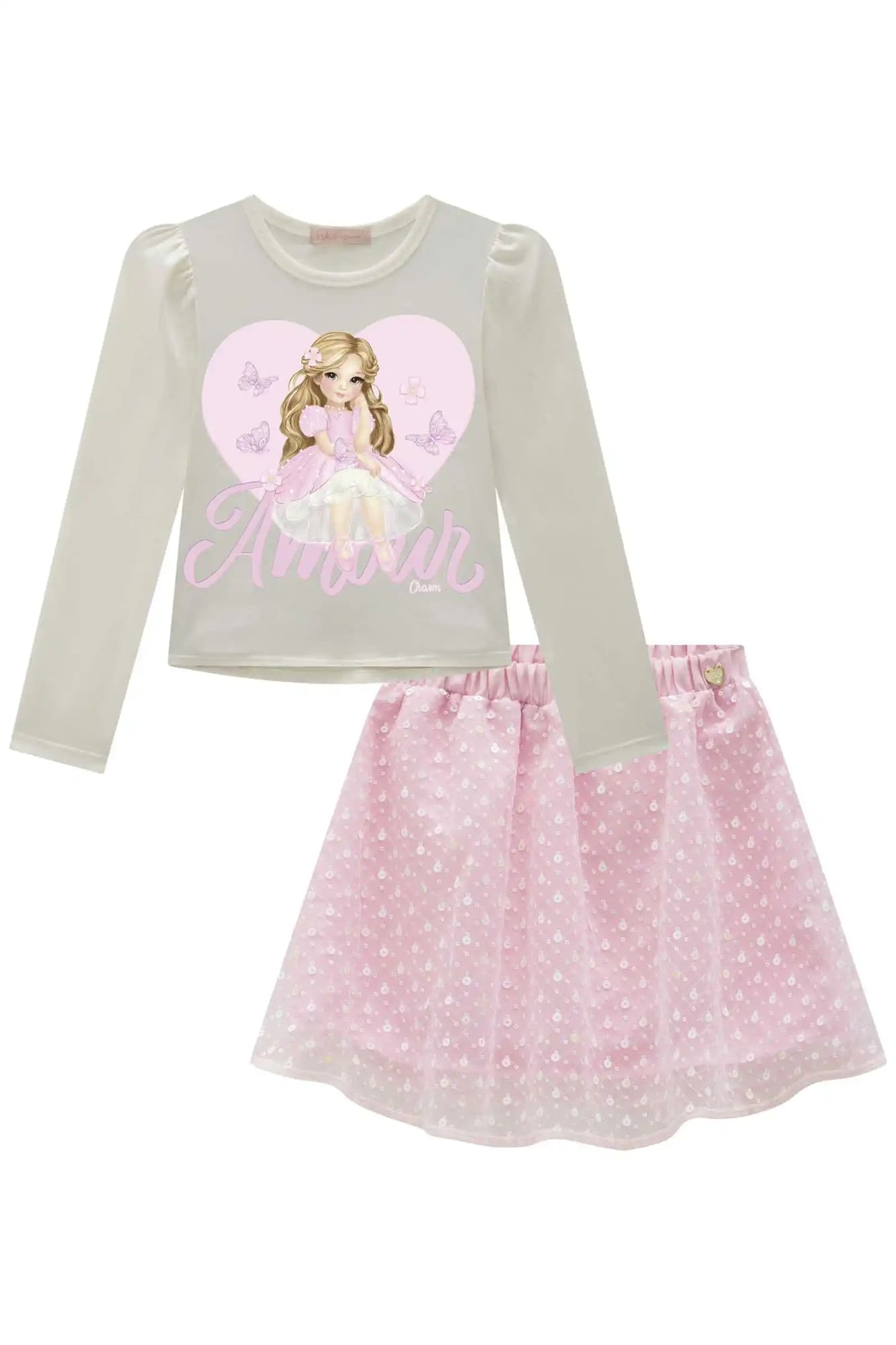 Conjunto Infantil Kukie Inverno Saia Paetê Rosa e Blusa Princesa