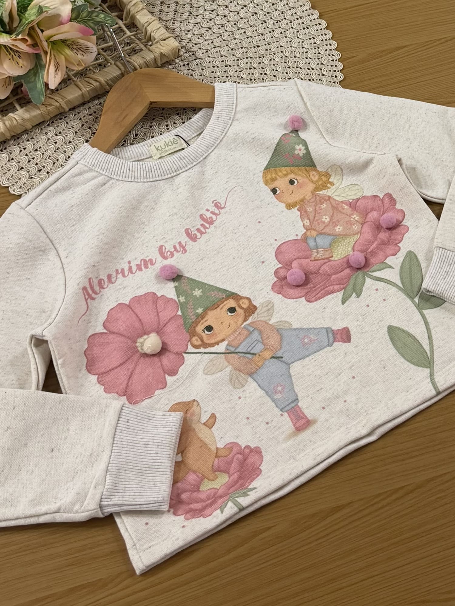 Conjunto Infantil Kukiê Inverno com Shorts Marrom e Moletom sem Flanela Fadinhas