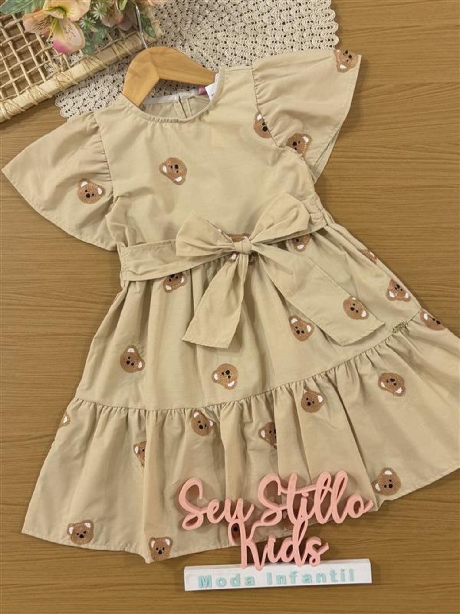 Vestido Infantil Momi Inverno Bege Ursinhos