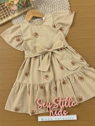 Vestido Infantil Momi Inverno Bege Ursinhos