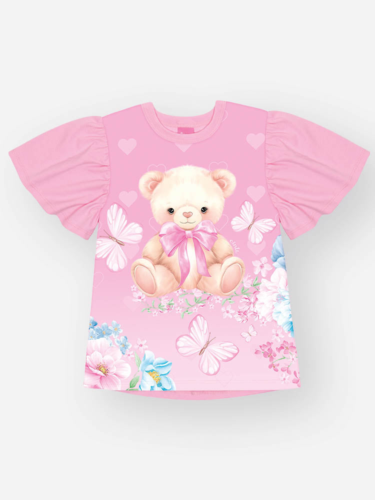 Conjunto Infantil Cinti Verão com Shorts Ciclista Listrado e Blusa Rosa Ursinha Floral