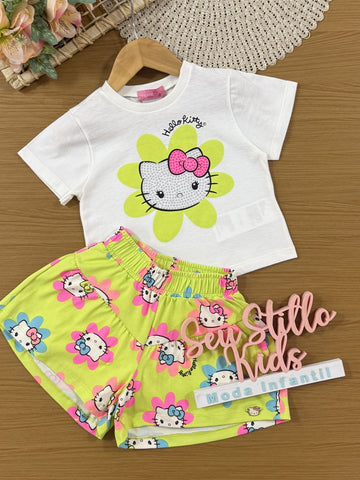 Conjunto Infantil Momi Verão com Shorts Verde e Blusa Branca Hello Kitty com Strass