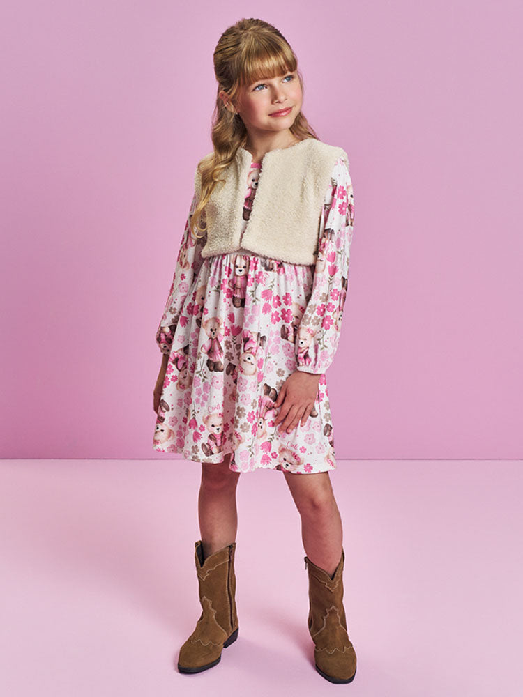 Vestido Infantil Cinti Inverno Off White com Colete Ursinha Floral