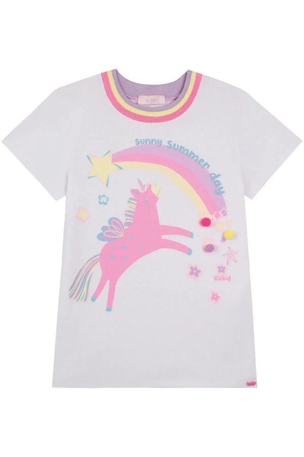 Blusa Infantil Kukiê Verão Branca Unicórnio Arco-íris