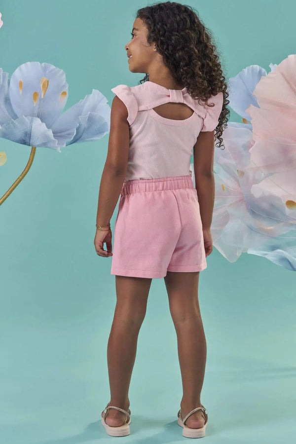 Conjunto Infantil Kukiê Verão com Shorts Saia e Blusa Rosa Ursinha Bailarina