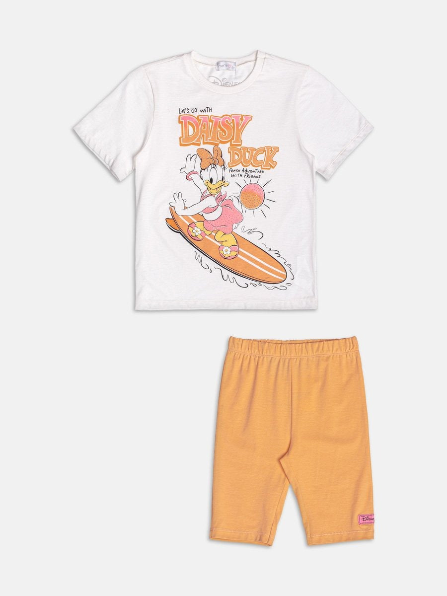 Conjunto Infantil Momi Verão com Shorts Ciclista Laranja e Blusa Branca Daisy Duck Disney