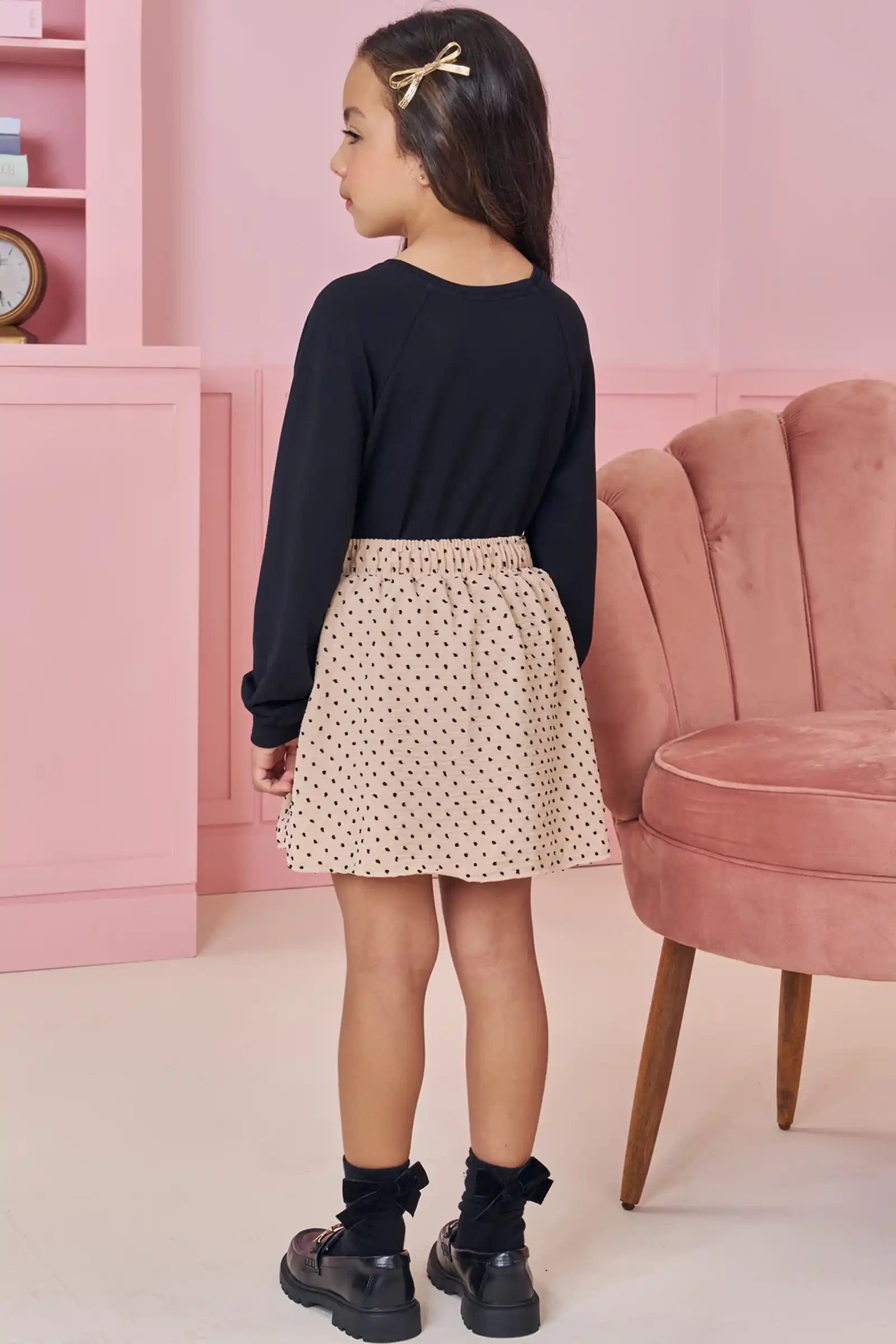 Conjunto Infantil Kukiê Inverno com Saia Bege e Blusa Manga Longa Corações