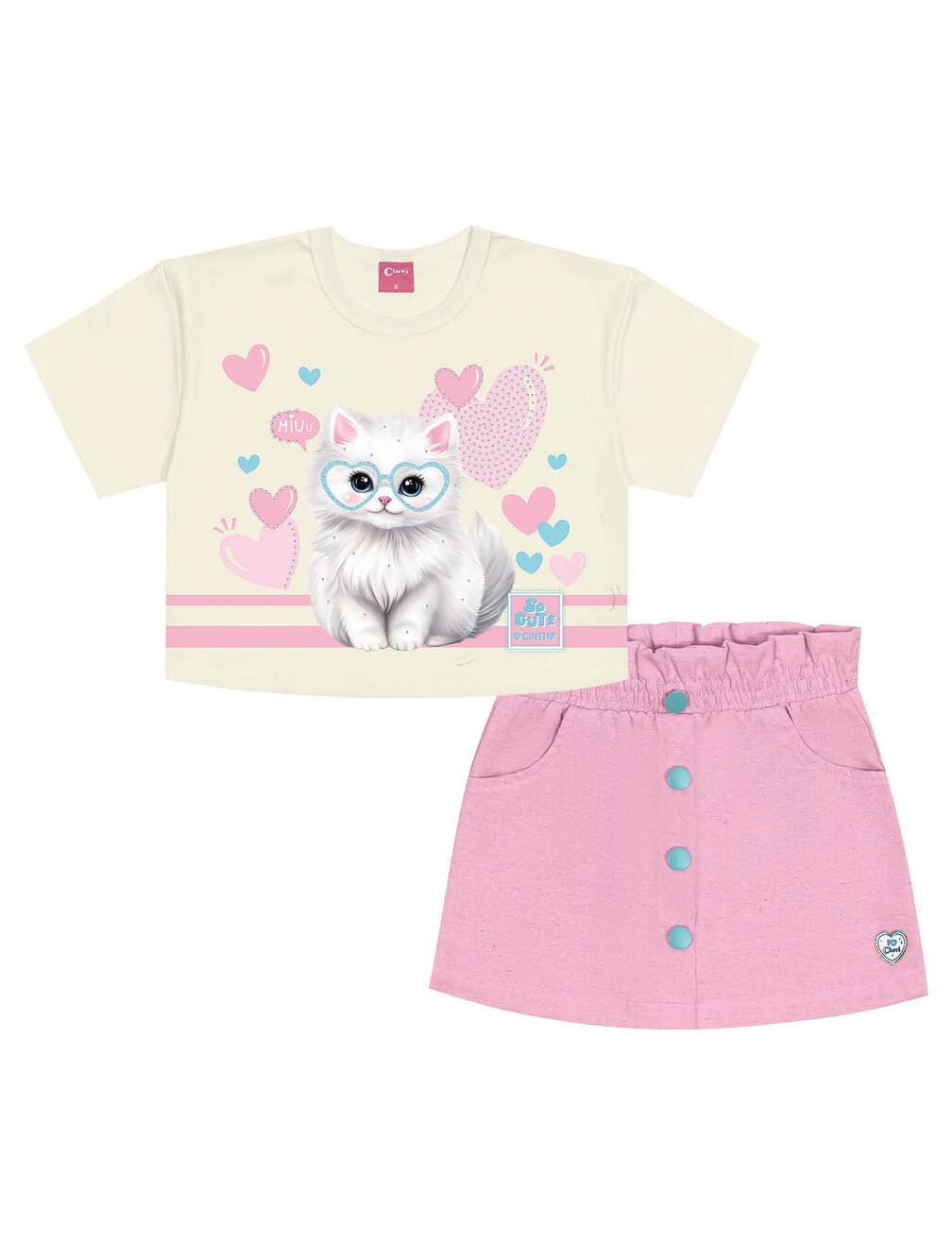 Conjunto Infantil Cinti Verão Shorts Saia Rosa e Blusa Gatinha
