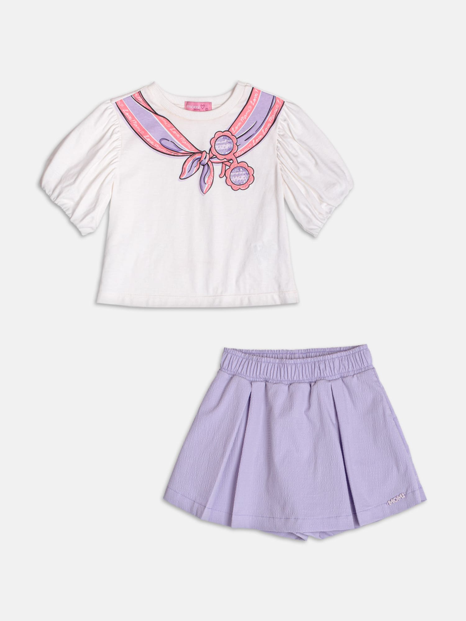 Conjunto Infantil Momi Verão com Shorts Saia Lilás e Blusa Branca Laço