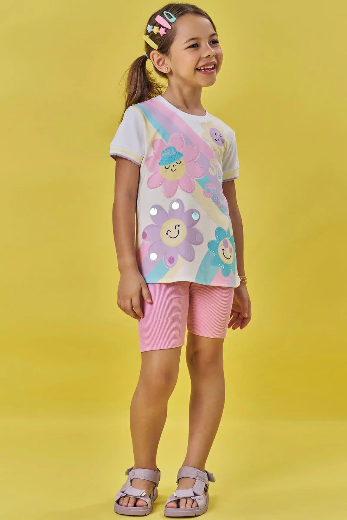 Blusa Infantil Kukiê Verão Branca Arco-íris Floral