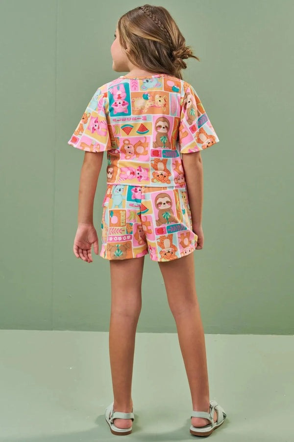 Conjunto Infantil Kukiê Verão com Shorts e Blusa Branca Animais