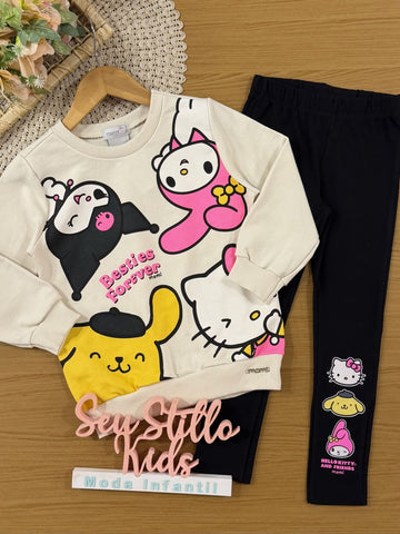 Conjunto Infantil Momi Inverno com Calça Leggin Preta e Moletom sem Flanela Hello Kity Besties