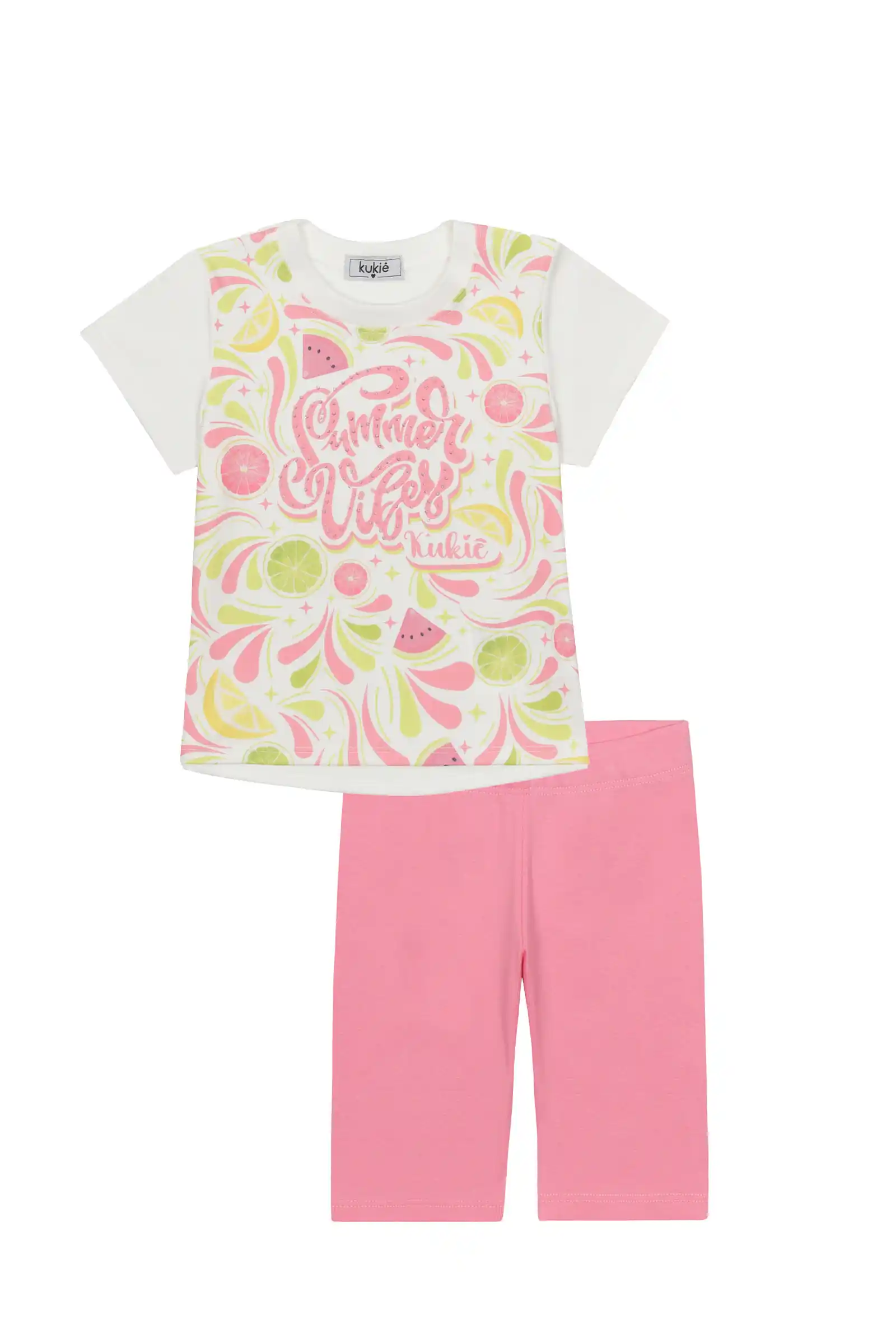 Conjunto Infantil Kukiê com Shorts Ciclista Rosa e Blusa Manga Curta Frutinhas