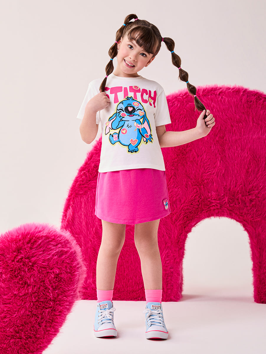 Conjunto Infantil Bimbi Inverno com Shorts-Saia Rosa e Blusa Branca Stitch Disney