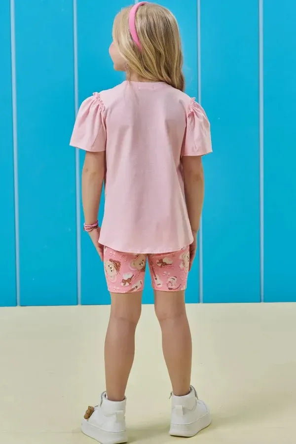 Conjunto Infantil Menina Kukiê com Shorts Ciclista e Blusa Rosa Ursinha Boiadeira