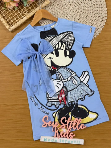 Vestido Infantil Animê Azul Minnie Laço Disney