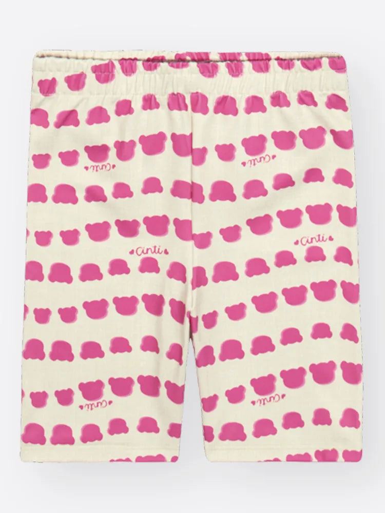 Conjunto Infantil Cinti Inverno Com Bermuda Rosa e Blusa Manga Curta Branca Ursinha