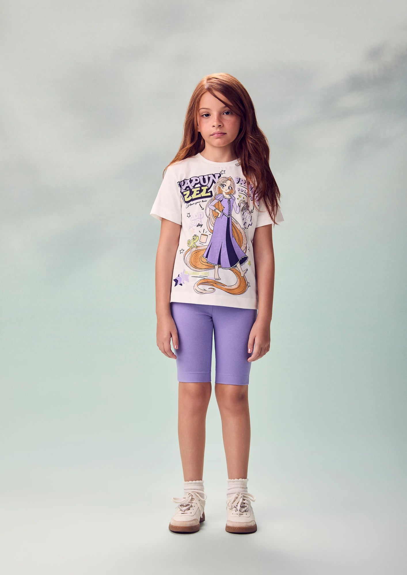Conjunto Infantil Menina Animê com Shorts Ciclista Lilás e Blusa Rapunzel Disney
