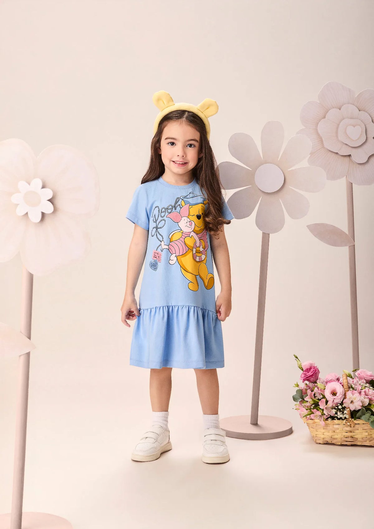 Vestido Infantil Momi Azul Ursinho Pooh Strass Disney
