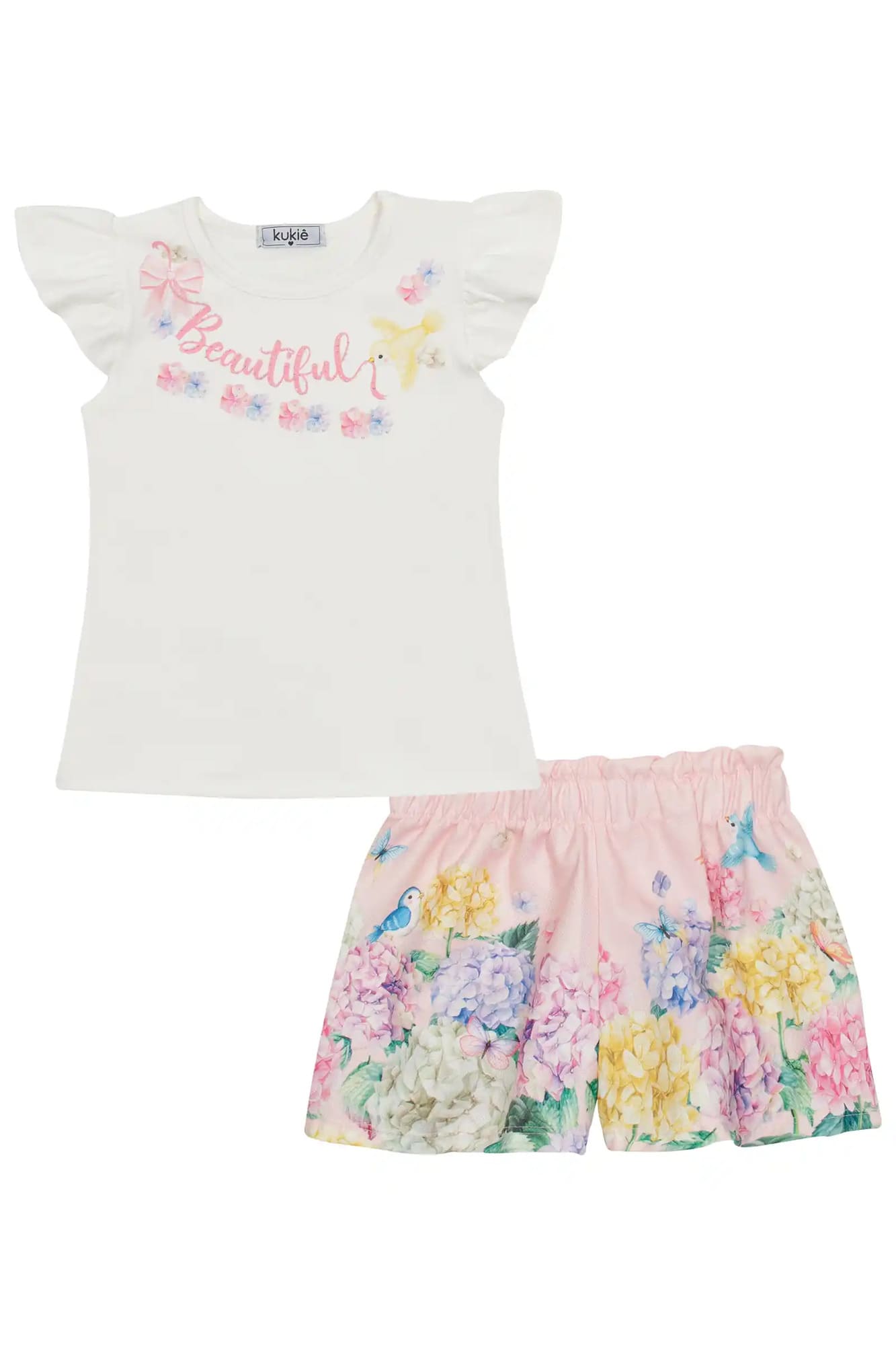 Conjunto Infantil Kukiê com Shorts Rosa e Blusa Manga Curta Floral