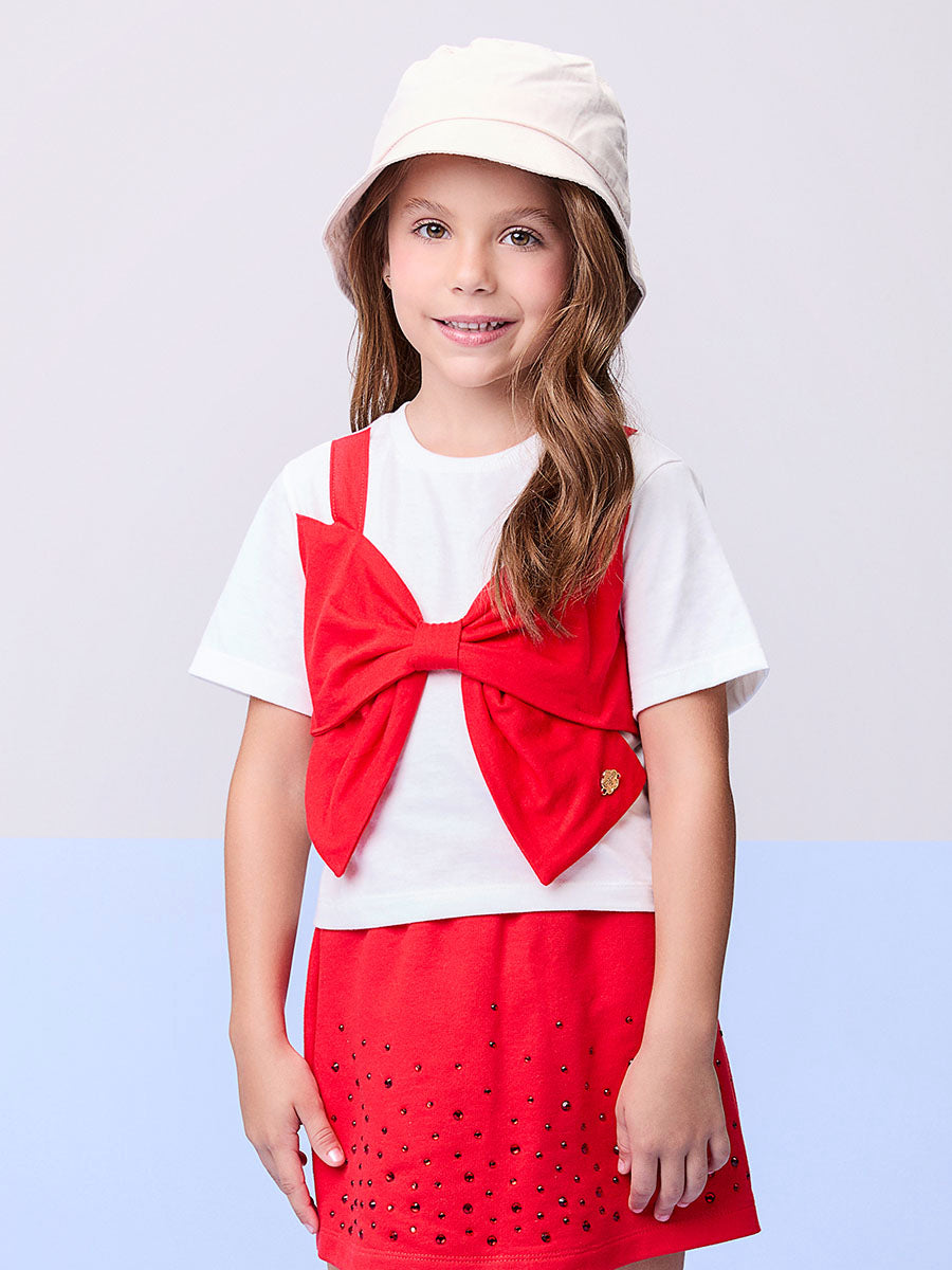 Conjunto Infantil Momi Verão Shorts Saia Vermelha e Blusa Laço Vermelho