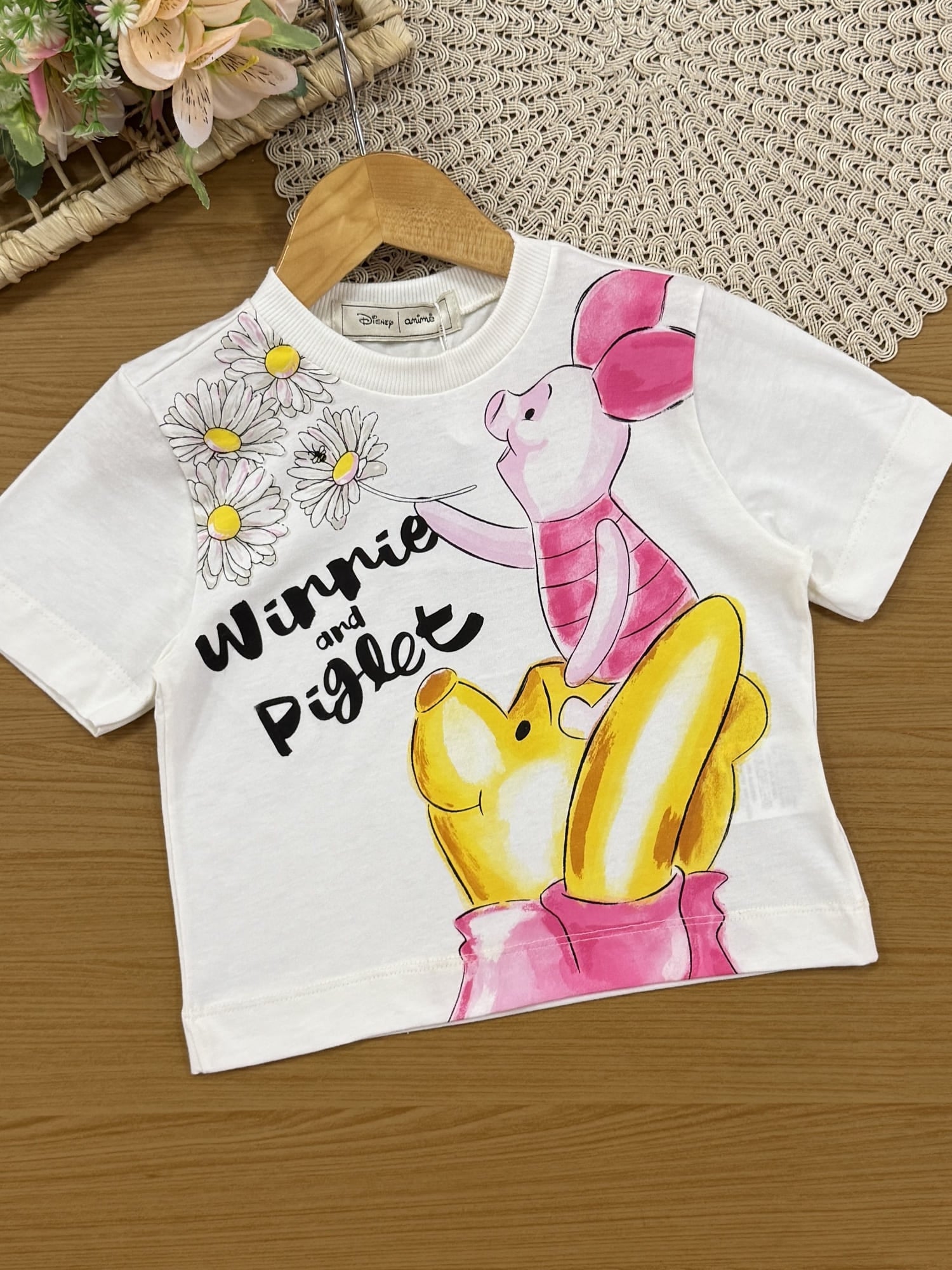 Conjunto Infantil Animê Verão Saia Balone Rosa e Blusa Branca Pooh e Leitão Disney