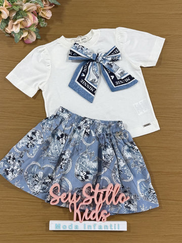 Conjunto Infantil Animê Inverno Saia Azul e Blusa Lacinho Mickey e Minnie Disney
